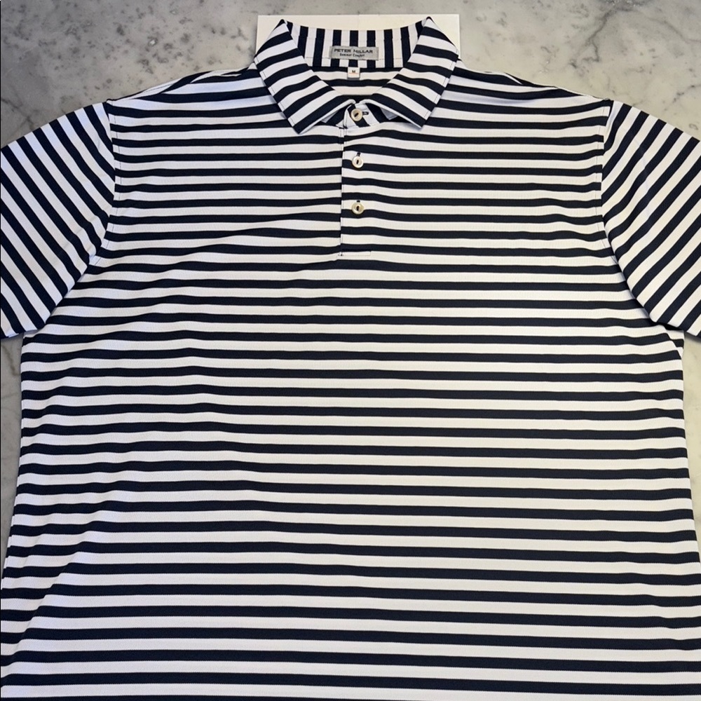 Peter Millar Navy Blue and White Striped Polo Shirt - Size Large